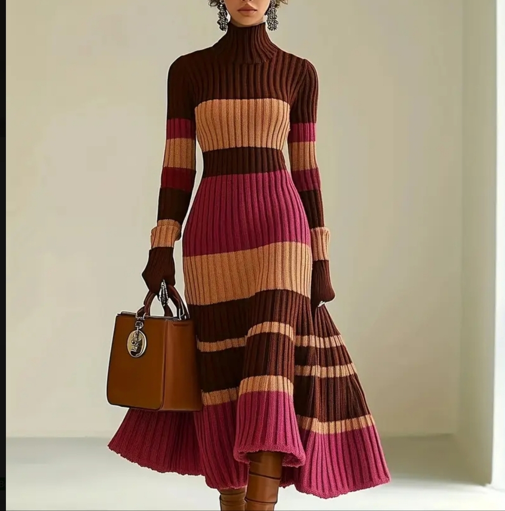 Chic Long Sleeve Brown and Pink Dress - Picture 1 of 4